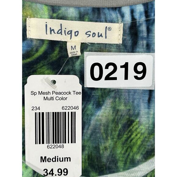 Indigo Soul Top Women's Medium Green Blue Short Sleeve Peacock Mesh Boho Shirt - Picture 14 of 15